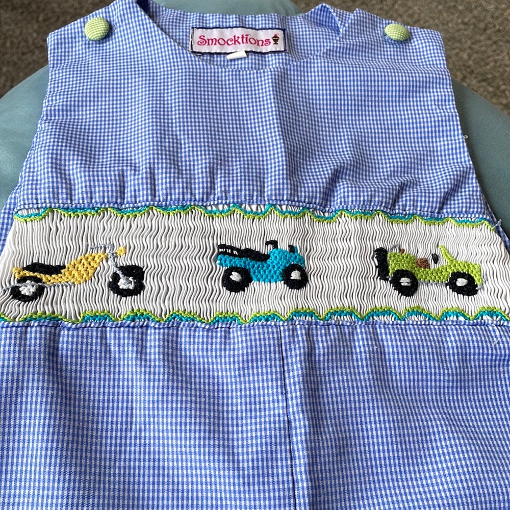 Smocktions Boys romper size 2T motorcycle ATV jeep smocked blue gingham Kids